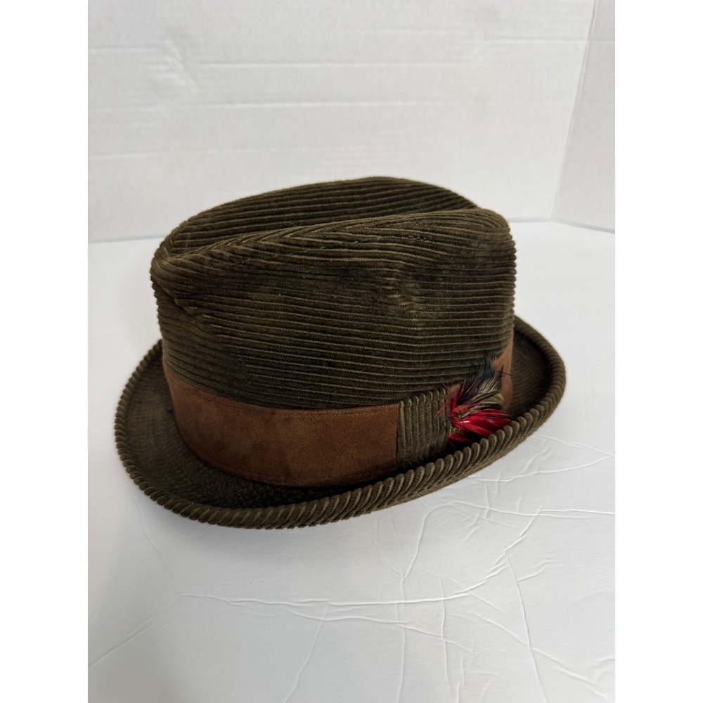 Vintage 1960s Corduroy Fedora Trilby Hat Olive Green Feather Brown Band Medium
